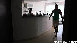 The sultry shemale masterfully services that monster ramrod before taking it deep in her big ass