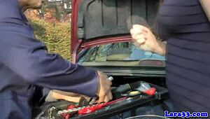 classy milf in stockings rides plumber's cock with trimmed pussy close-up