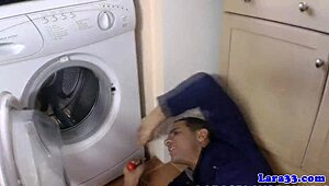 classy milf in stockings rides plumber's cock with trimmed pussy close-up