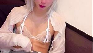 white-haired shemale succubus jerks off on cam.