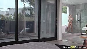 Teen stepdaughter spreads shaved pussy for stepdad's massive black cock